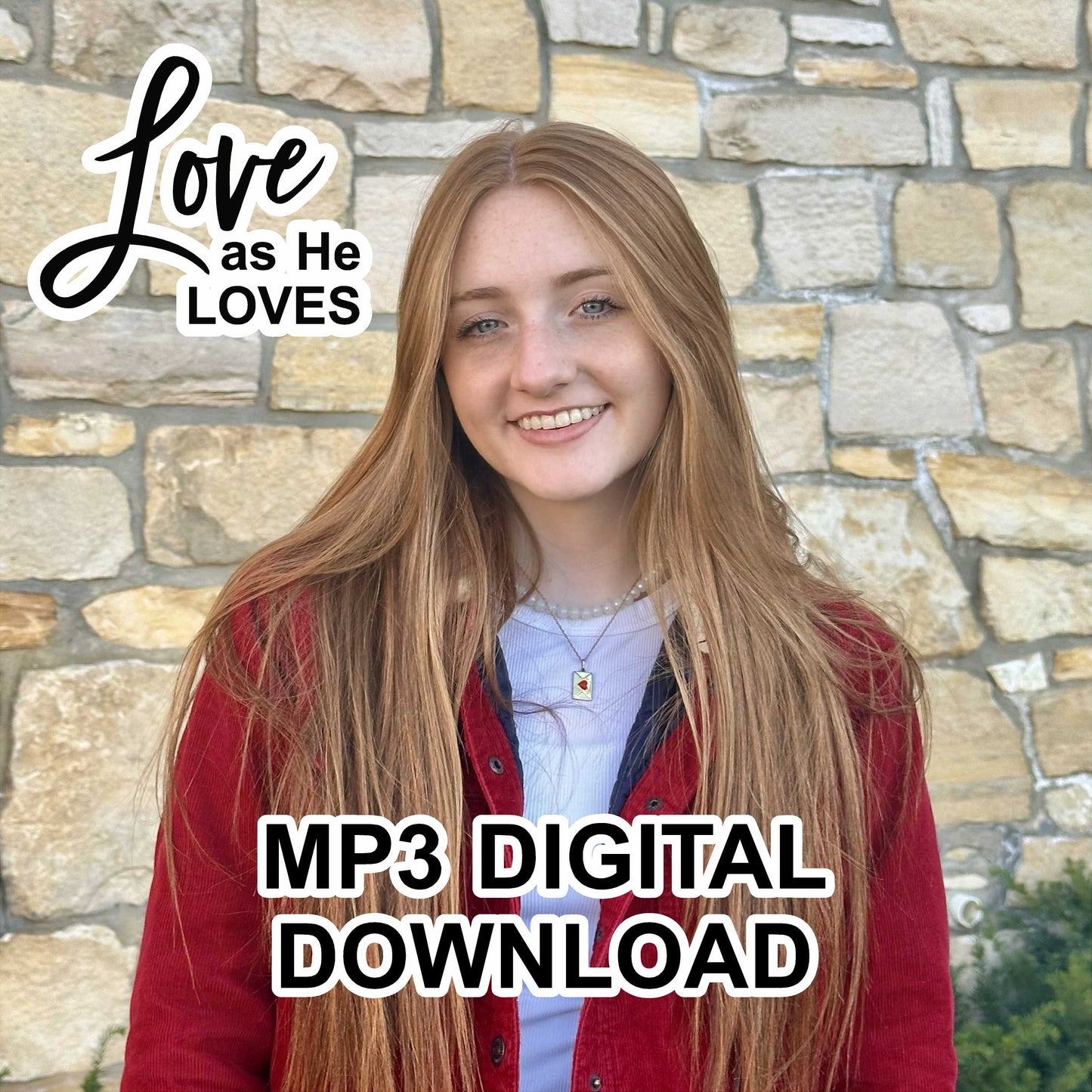 Person with long hair wearing a red jacket in front of a stone wall, with text overlay about an MP3 digital download.